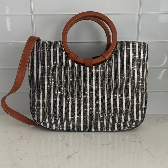 Antik Kraft Black and White Striped Shoulder Bag with Brown Handles - Picture 1 of 7